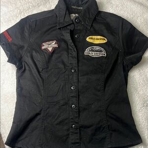 Official Harley-Davidson Black Button-Up Shirt stretch cotton with logo patches